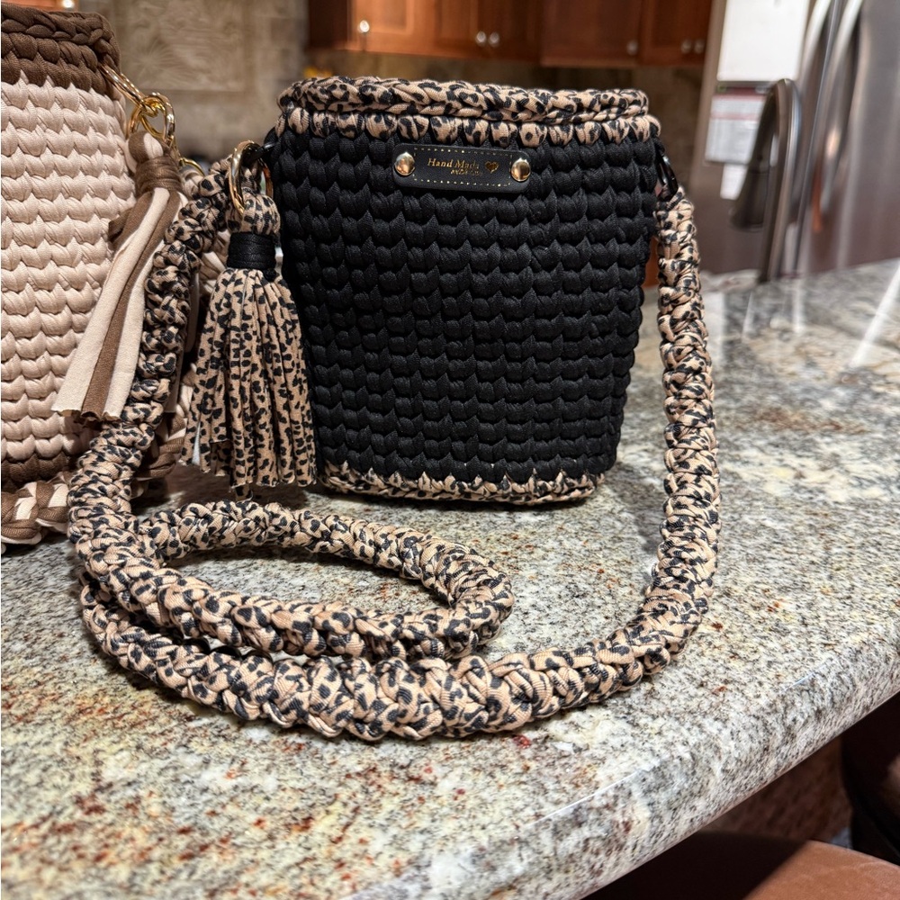 Handmade Black and Beige Woven Crossbody Bucket Bag